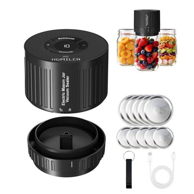 HOMILEN Electric Mason Jar Vacuum Sealer Kit - 2 Modes for Vacuum and Fast Marinade, 10 Sealing Lids - Preserve Freshness Efficiently, Ideal for Cann