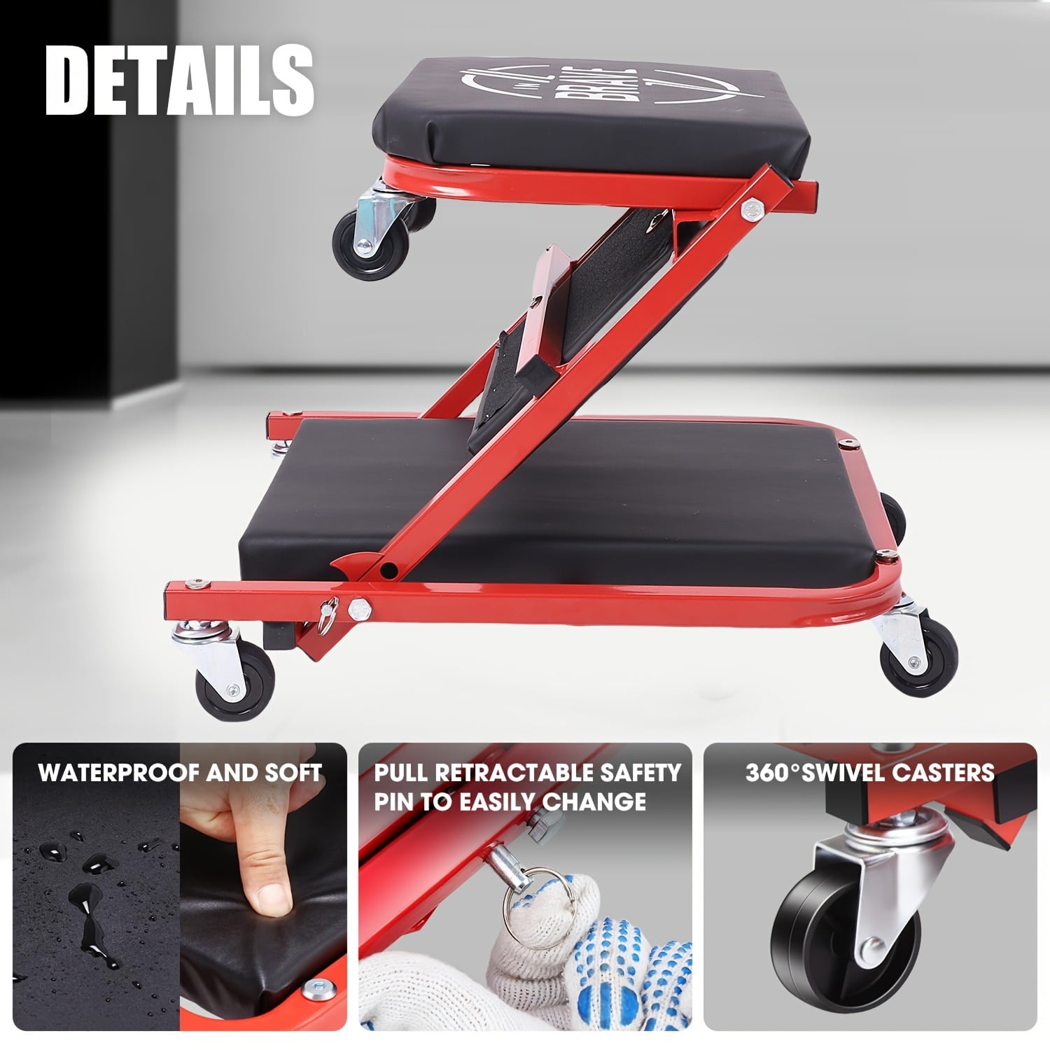 InBrave  36" 2-in-1 Folding Creeper and Seat, Triplex Foldable Mechanic's Creeper with 6 Swivel Casters, Low Profile Garage Stool, 330 lbs Capacity (Red)