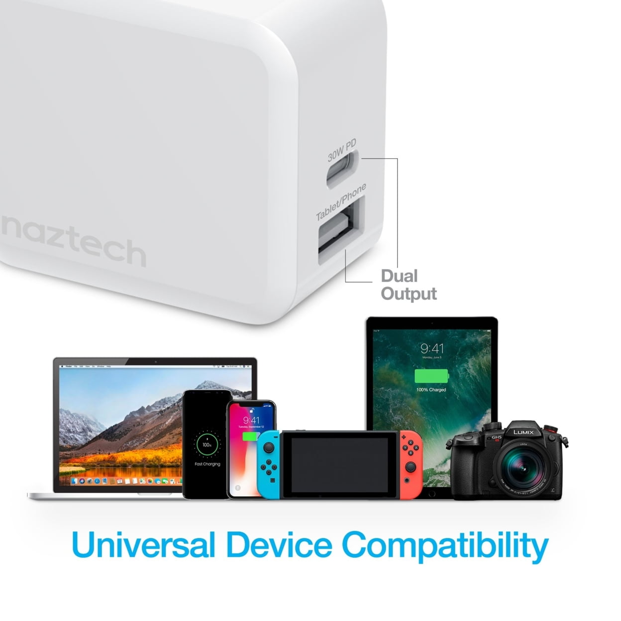 Naztech 30W USB-C PD Dual Output Fast Wall Charger White