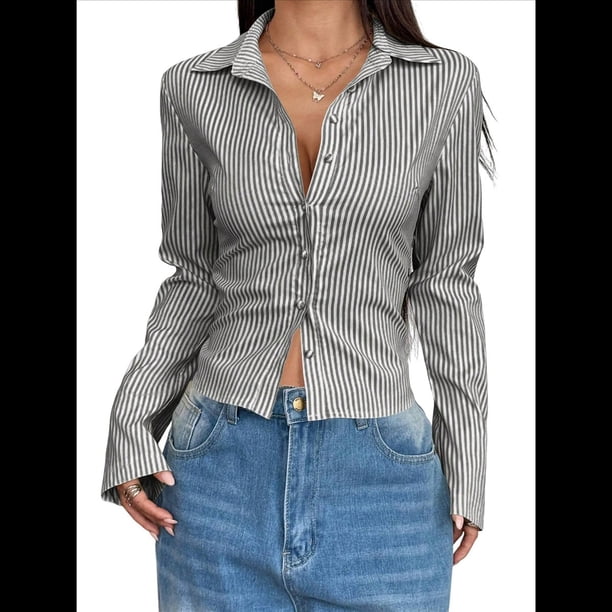 Camisa Corta A Rayas con Botones y Larga Ajustada para Mujer, Blusa de Trabajo Gris XL