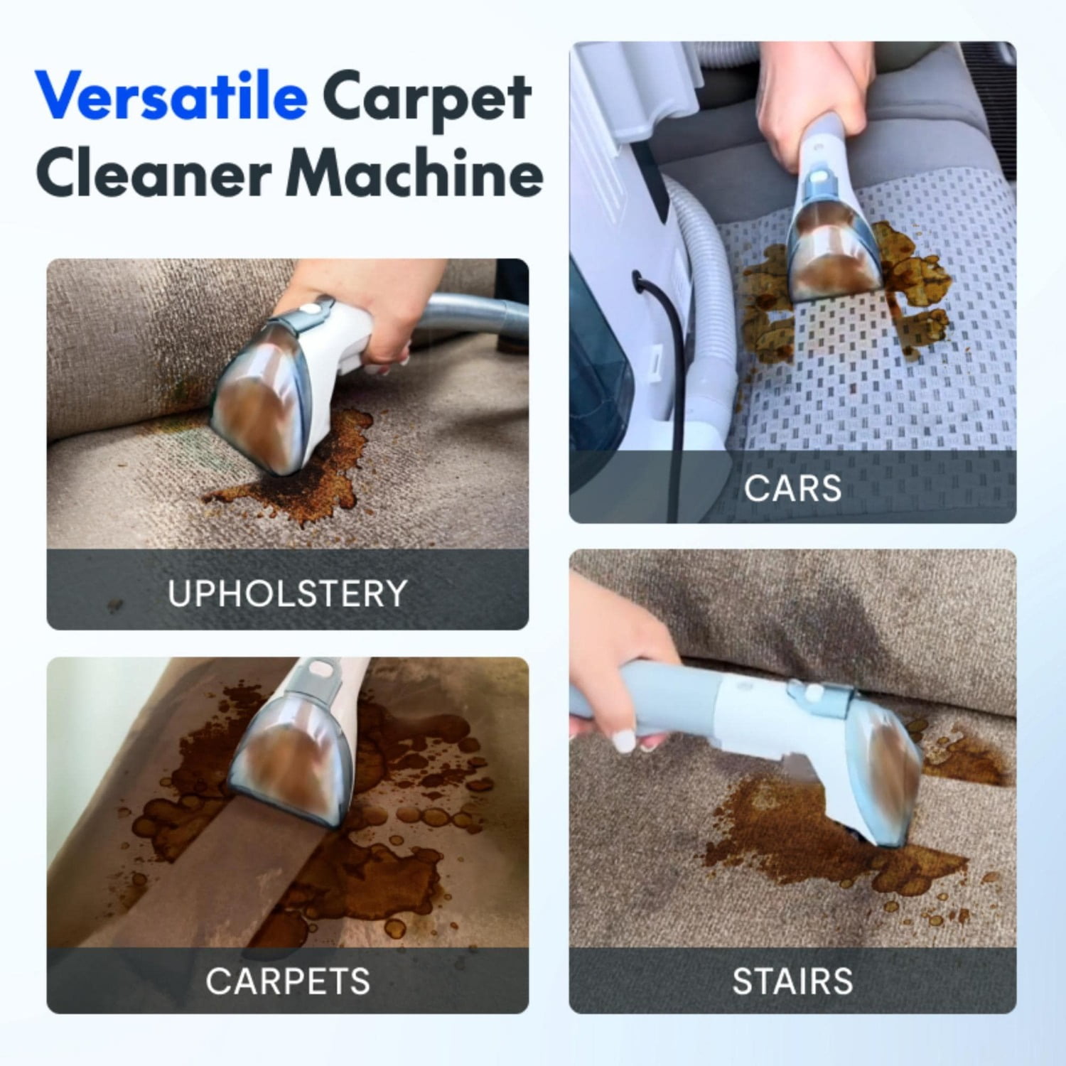 Portable Carpet Cleaner Machine 12000Pa Suction Stain Remover for Pet Hair Upholstery Car White