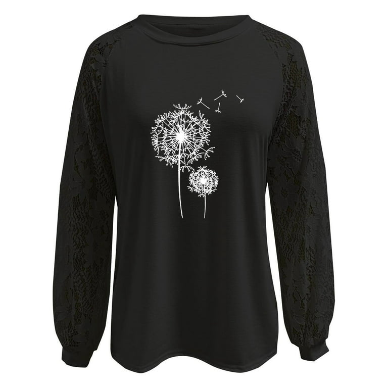 Plus Size Tops for Women Tunic Tops to Wear with Leggings Flowy Hide Belly  Long Shirt Dressy Long Sleeve Shirts Comfy Round Neck Dandelion Graphic  Navy M 