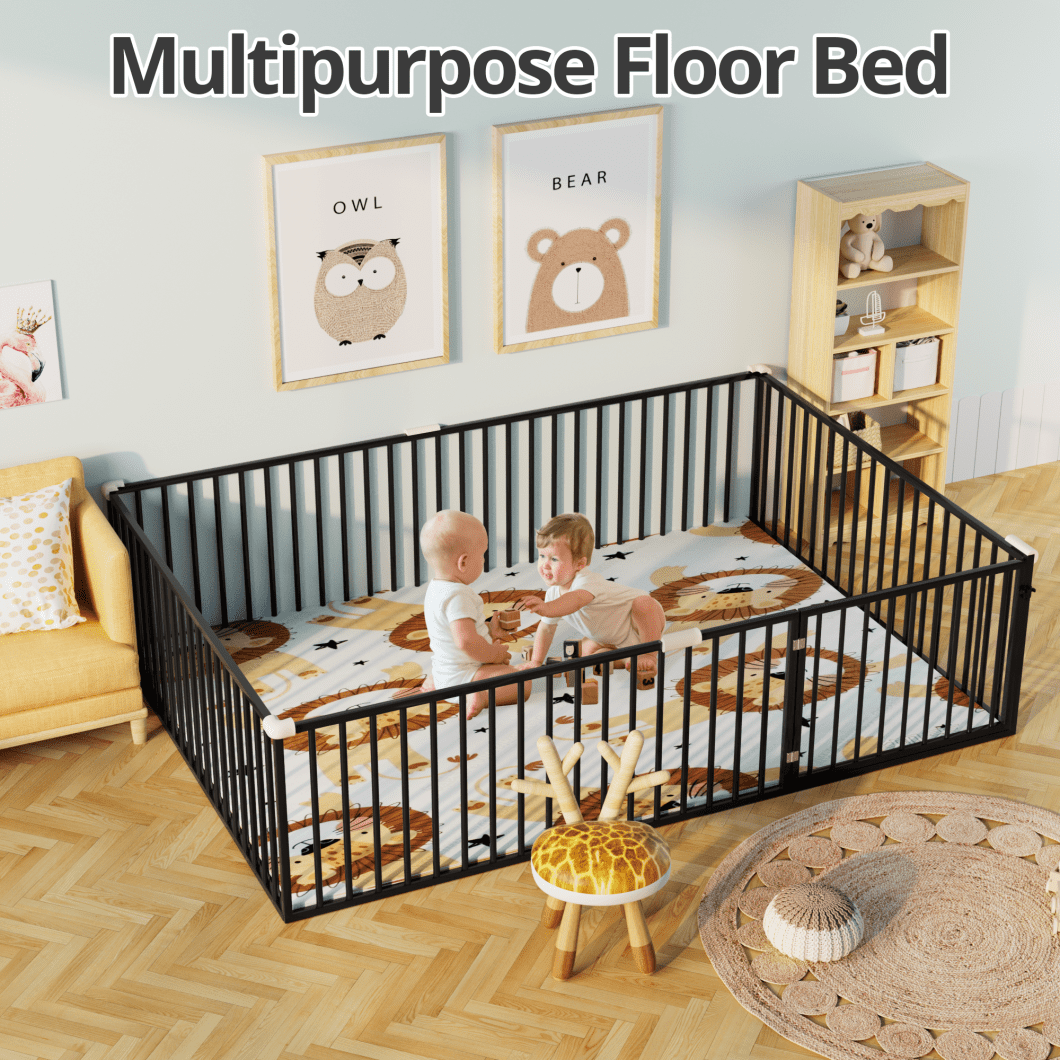 Full Size Metal Floor Bed Frame with Fence and Door, Montessori Bedframe, No Box Spring Needed, Easy to Install, Black