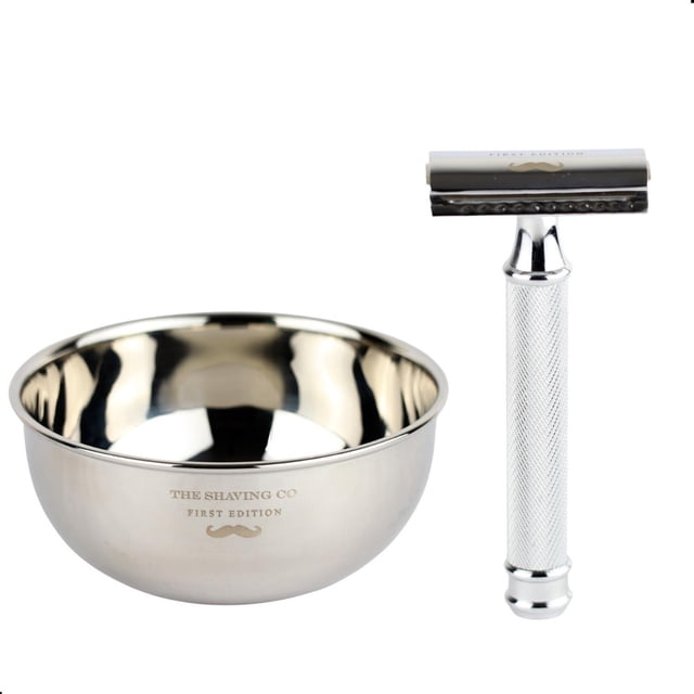 Kit Afeitado Rastrillo Acero + Vasija Acero The Shaving Co. amarillo 1