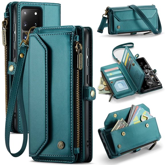 Crossbody for Samsung Galaxy S20 Ultra Case Wallet【RFID Blocking】with 10-Card Holder Zipper Bills Slot, Soft PU Leather Magnetic Shoulder Wrist Strap for Galaxy S20 Ultra Wallet Case Women