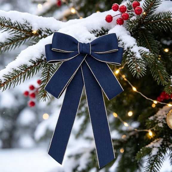 Lilixerw Woven Ribbon Christmas Bow, Navy Blue Multi Loop Bow With Metallic Edge Trim, 5.11x7.08 Inch, for Tree Wreath Door Stair Mantel Decoration