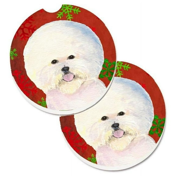 Bichon Frise Red & Green Snowflakes Holiday Christmas Set of 2 Cup Holder Car Coaster