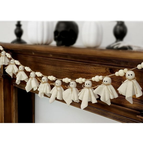 7Ft Halloween Ghost Garland, Fabric Cute Ghosts Banner, Hanging Ghost Garland for Vintage Halloween Party Wall Home Indoor Outdoor Spring Decor Supplies