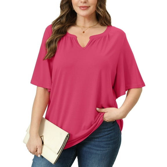SHOWMALL Women's Plus Szie Tops V Neck Loose Fit Short Sleeve Rose Red 3X Casual Blouse for Summer Relaxed Style Shirts Everyday Wear Outfit