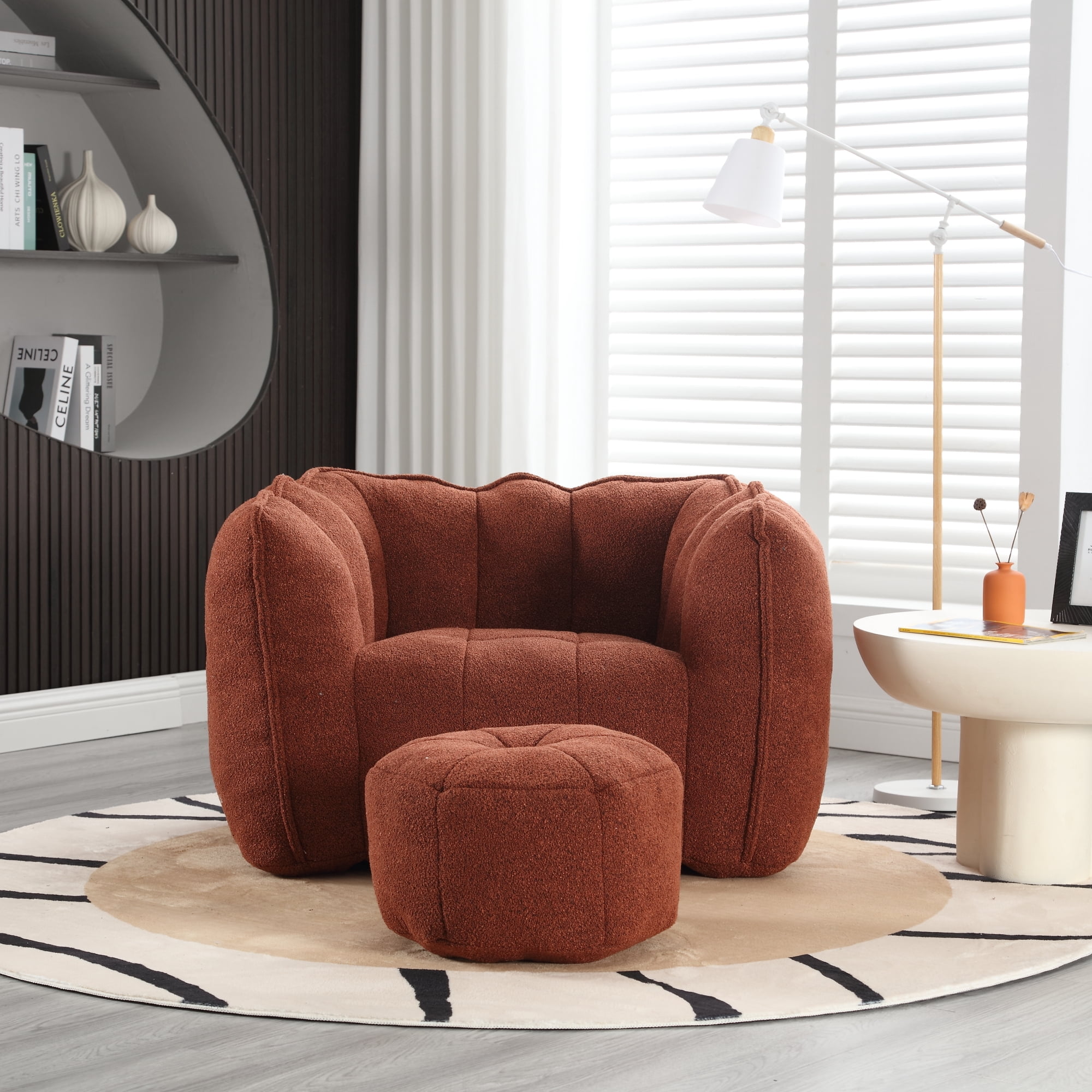 Bean Bag Chair with Footstool, Soft Lightweight Filled Bean Bag Sofa Chair with High Resilient Foam, Chenille Adult Bean Bag Chair with Armrests for Adults to Game, Read, Watch TV, Red Brown