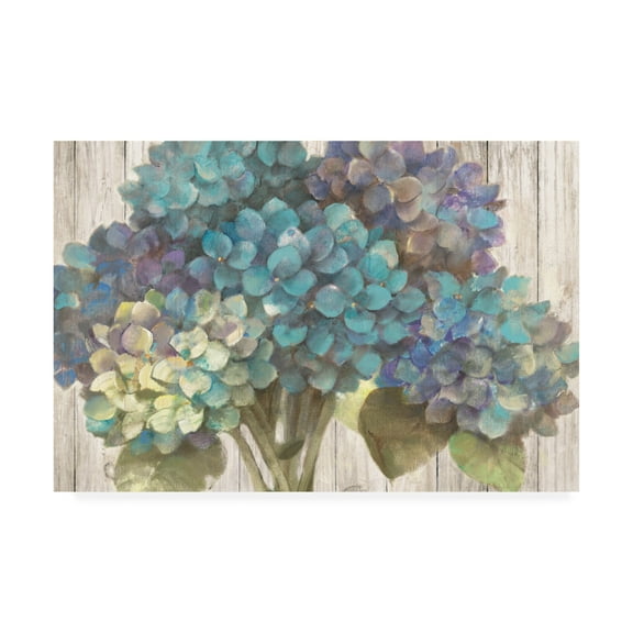 Trademark Fine Art 'Turquoise Hydrangea On Barn Board' Canvas Art by Albena Hristova