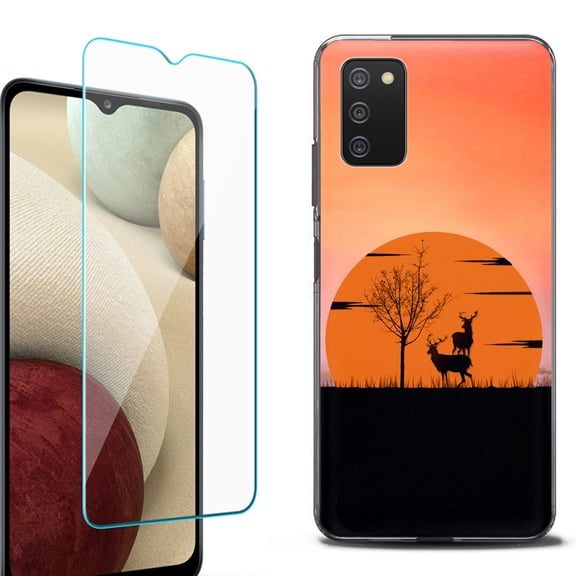 Slim-Fit Protective Fashion Phone Case (Black) for Samsung Galaxy A03s, with Tempered Glass Screen Protector, by OneToughShield ® - Sunset Deer
