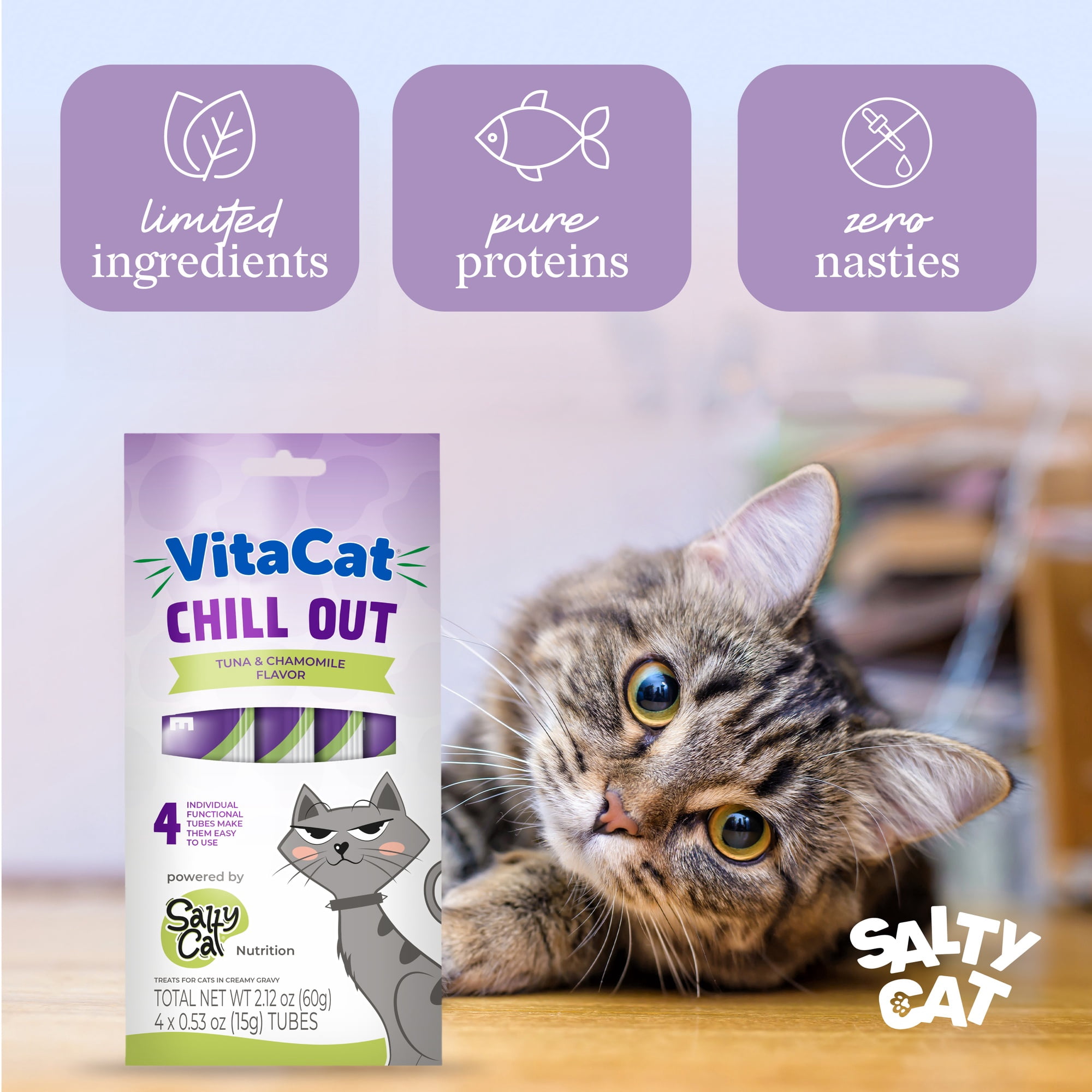 VitaCat by Salty Cat Chill Out Tuna & Chamomile Flavor Creamy Treats for Cats, 4 15g Tubes