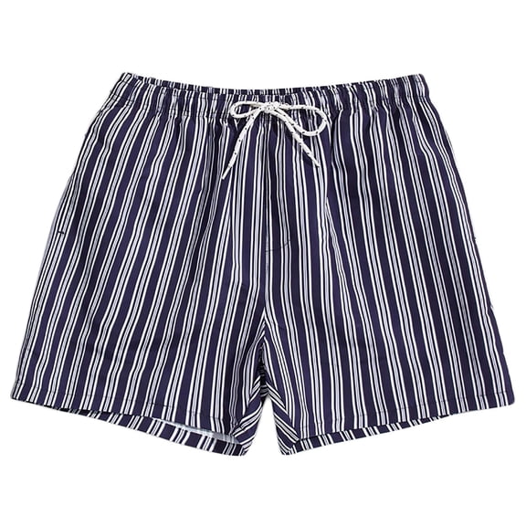 WREESH Men's Beach Shorts Swim Trunks Fashion Casual Drawstring Elastic Stripe Printing Beach Shorts Dark Blue