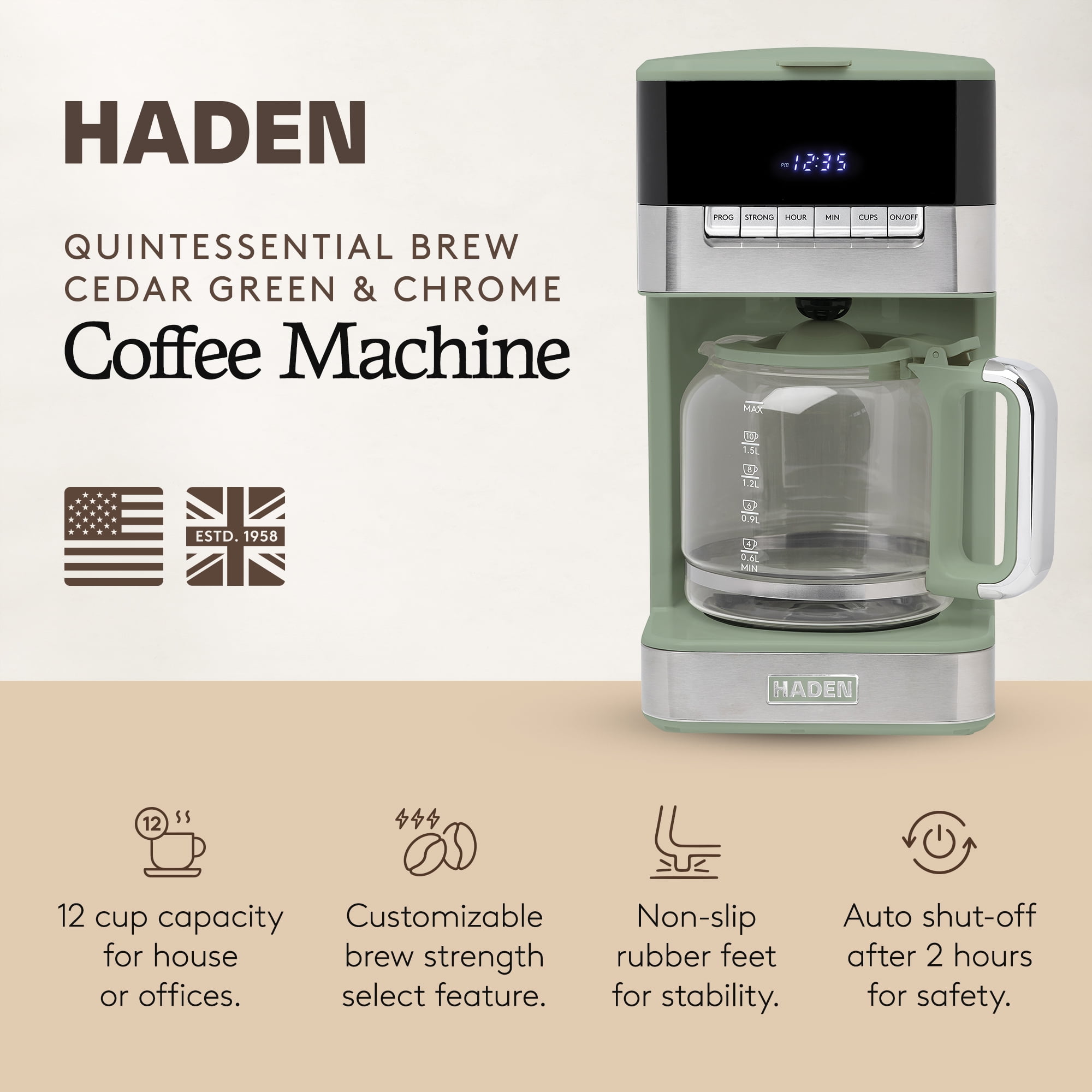 Haden Programmable Drip Coffee Maker, 12 Cup Cafe Machine, Green/Chrome