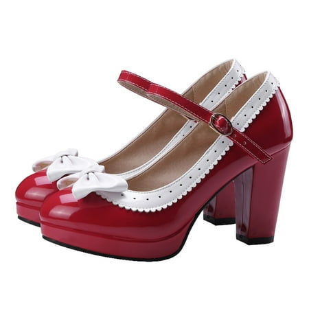 

Hemoton Shoes Platform Mary Pumps Heel Ankle Ladies Strap High Janes Lolita Bowknot Buckle Summer Strappy Block Court Heels