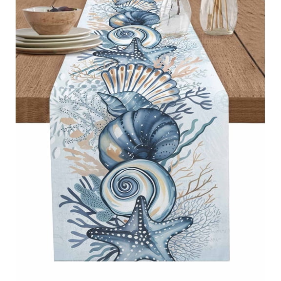 Ocean Blue Coral Table Runner 72 Inches, Summer Coastal Starfish Flower Bed Runner Dresser Scarves Tabletop for Indoor Outdoor Parties/Ceremony/Banquet, 14" x 72"