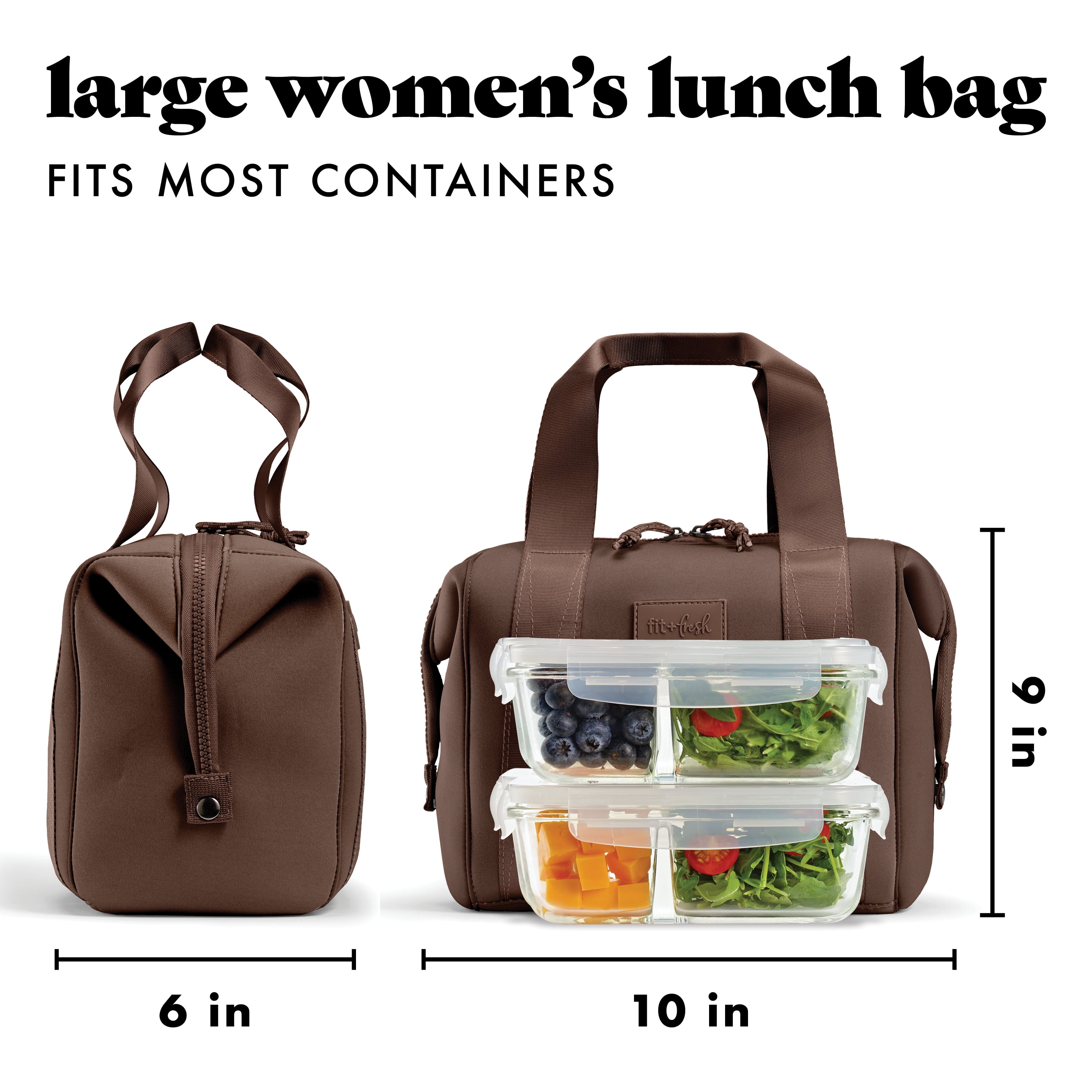 Fit & Fresh 4511CX3904 Remi Women's Lunch Bag, Self Insulating Neoprene Material Lunch Box With Containers & Ice Pack, Dark Chocolate