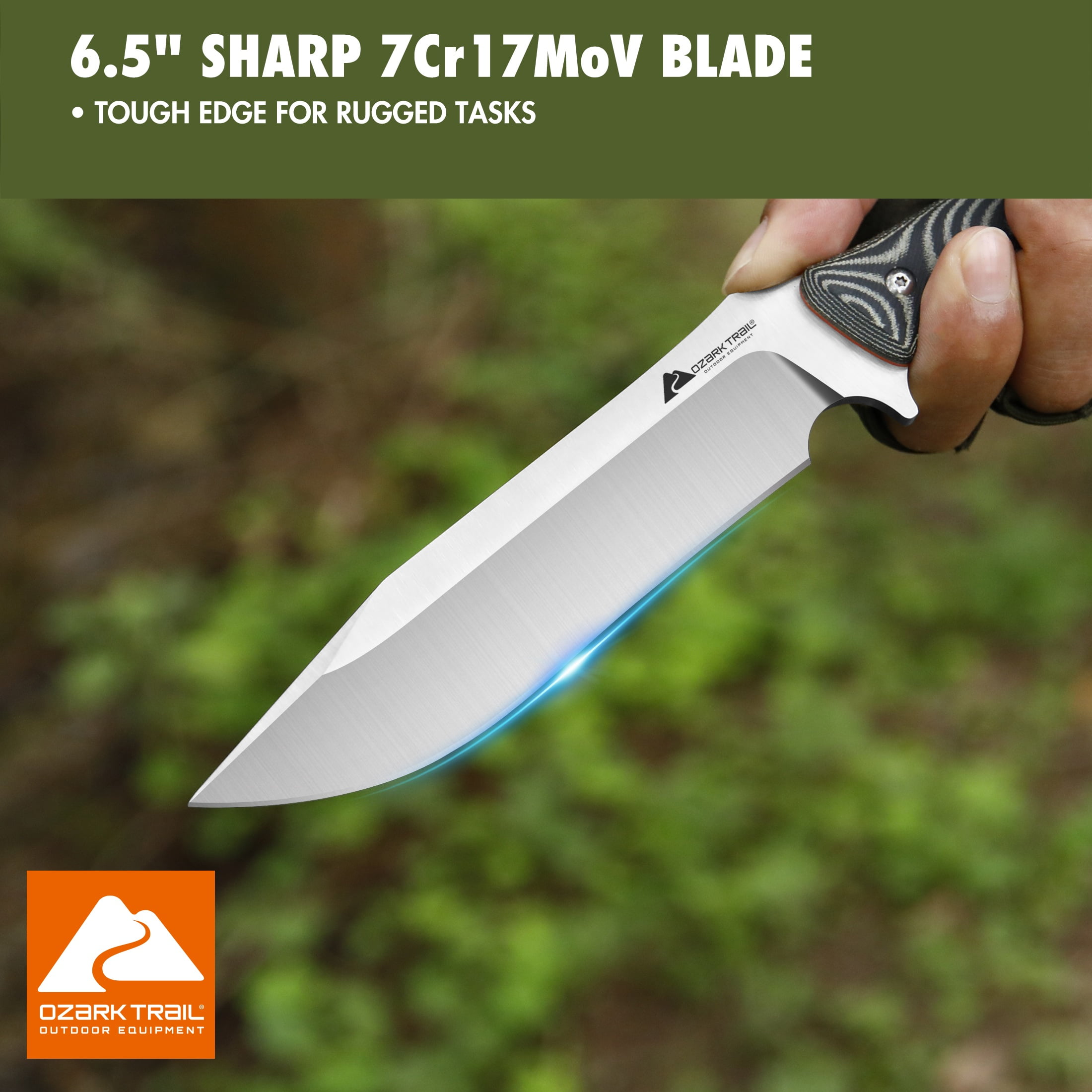 Ozark Trail 11 inch 7Cr17MoV Fixed Blade Knife Full Tang G10 and Micarta Handle for Camping Outdoors