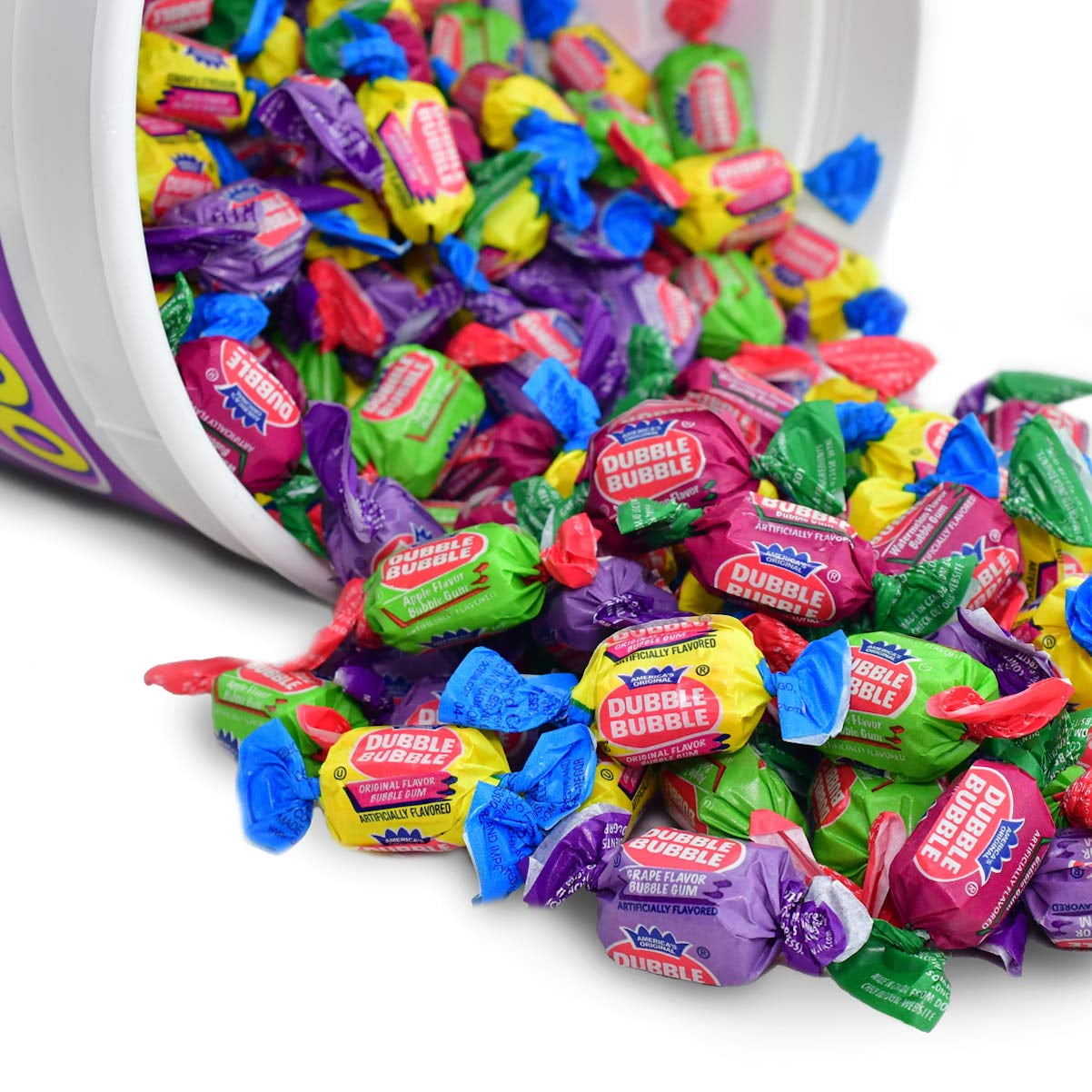 Dubble Bubble Gum - 300 Count Resealable Tub of Individually Wrapped Fruit and Bubble Gum - Original, Watermelon, Apple and Grape Flavors - Peanut and Gluten Free, 47.6 Ounce