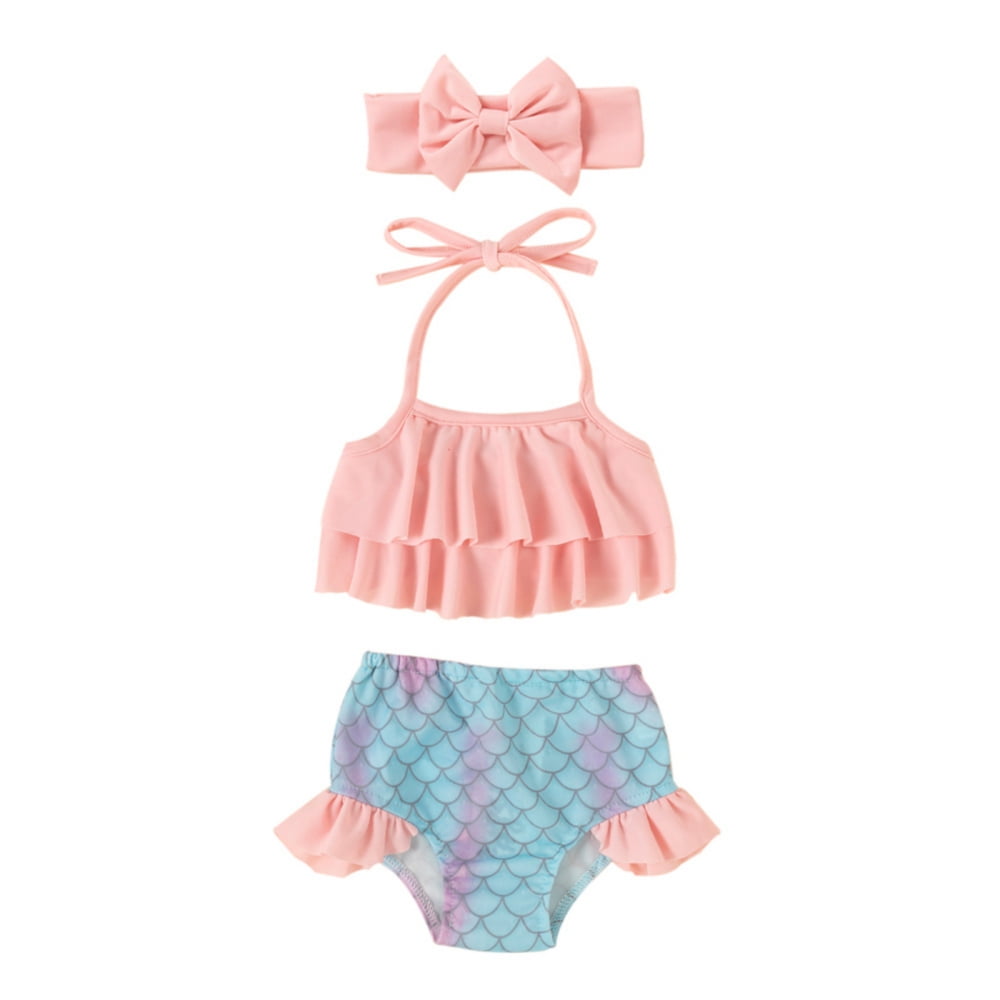 2Pcs/Set Toddler Baby Girl Mermaid Princess Halter Swimwear Bikini Bathing Suit with Headband