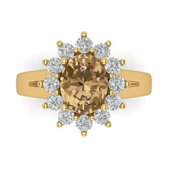 2.72 ct Oval Cut Simulated Champagne Diamond with Simulated Diamond Halo Accents 14K Yellow Gold Womens Engagement Ring