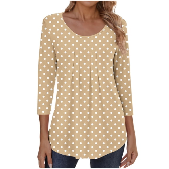 Jsaierl 3/4 Length Sleeve Tops for Women Plus Size Round Neck Shirts Cute Graphic Ladies Pleated Blouses Flowy Holiday T-shirts Top S-2XL