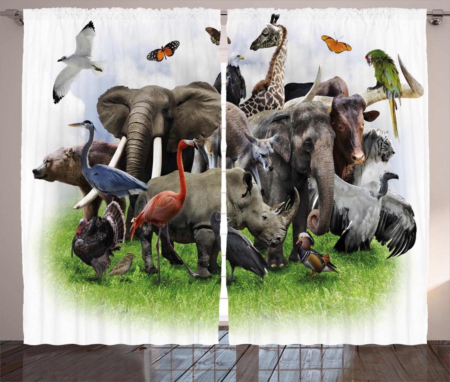 Wildlife Decor Curtains 2 Panels Set, Digital Collage of Wild Animals