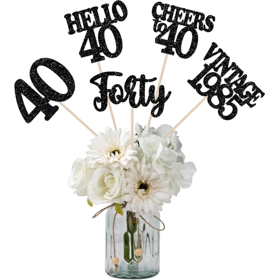 15PCS Happy 40th Birthday Centerpiece Sticks Hello 40 Vintage 1985 Table Flower Centerpieces Sticks Forty Cheers to 40 Floral Decoration for 40th Birthday Party Centerpieces Supplies Black