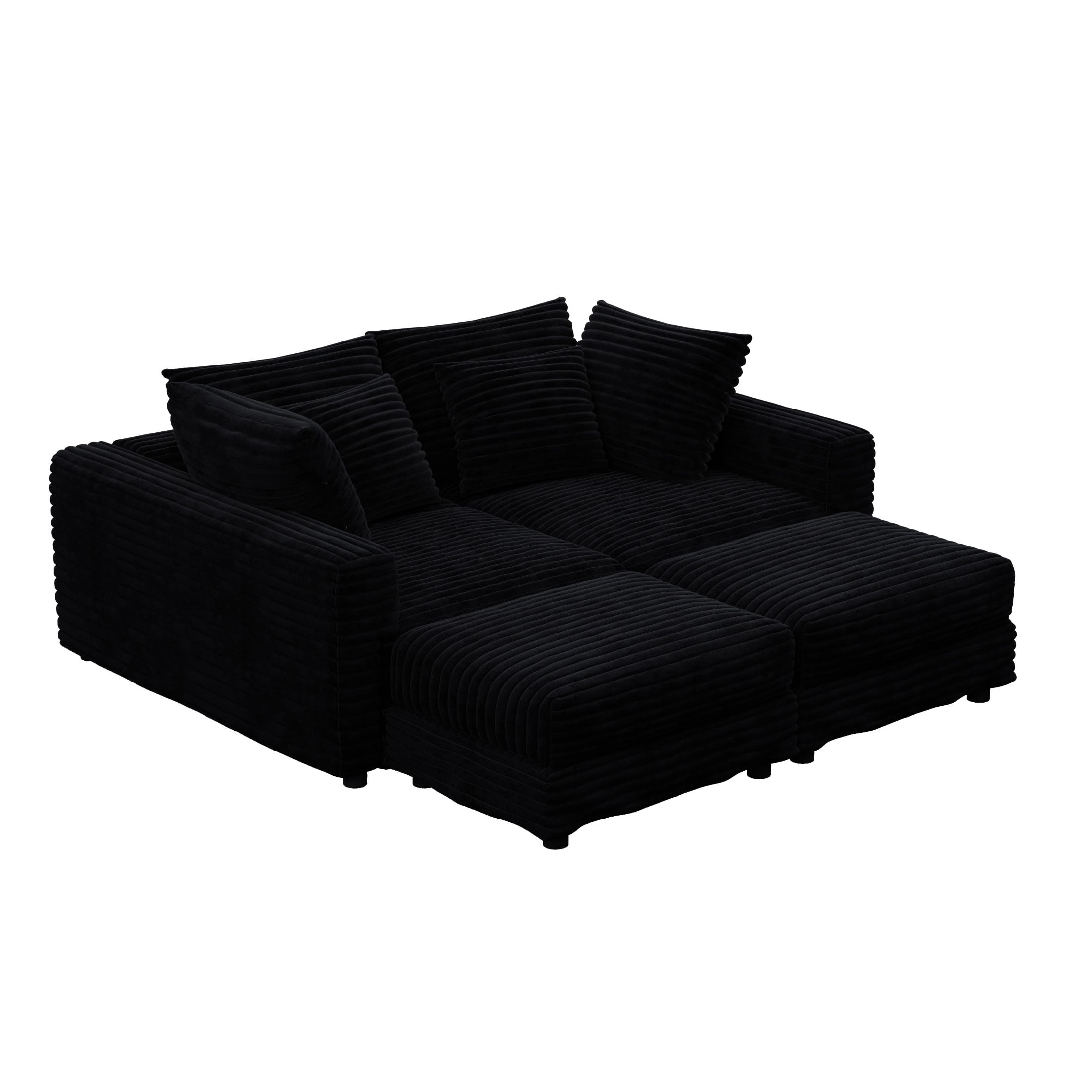 Noble House Nesta 4-Seat Plush Corduroy Cloud Sofa, Convertible Deep Seat Lounge Couch with 2 Ottomans & Soft Pillows, Black