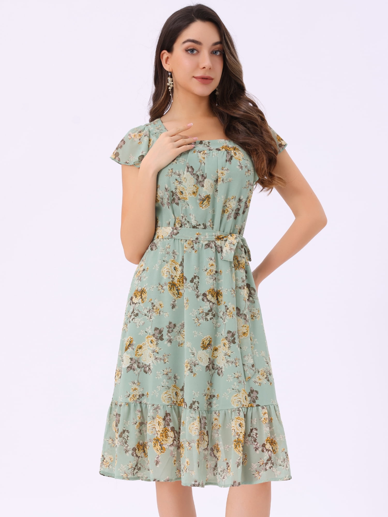 DARING DIVA Square Neck Flutter Sleeve A-Line Midi Dress M Pea Green
