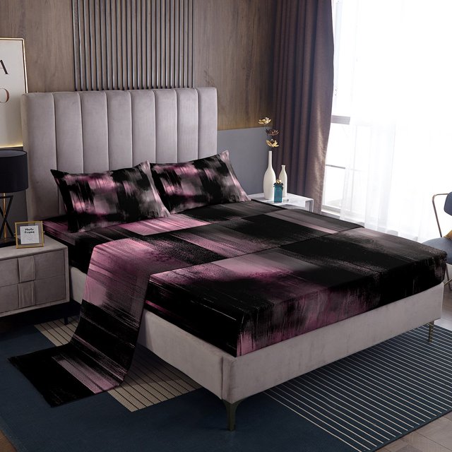 Erosebridal Modern Minimalst Sheet Set Full, Abstract Ombre Bedding Sets Full Size, Stripe Geometry Decor