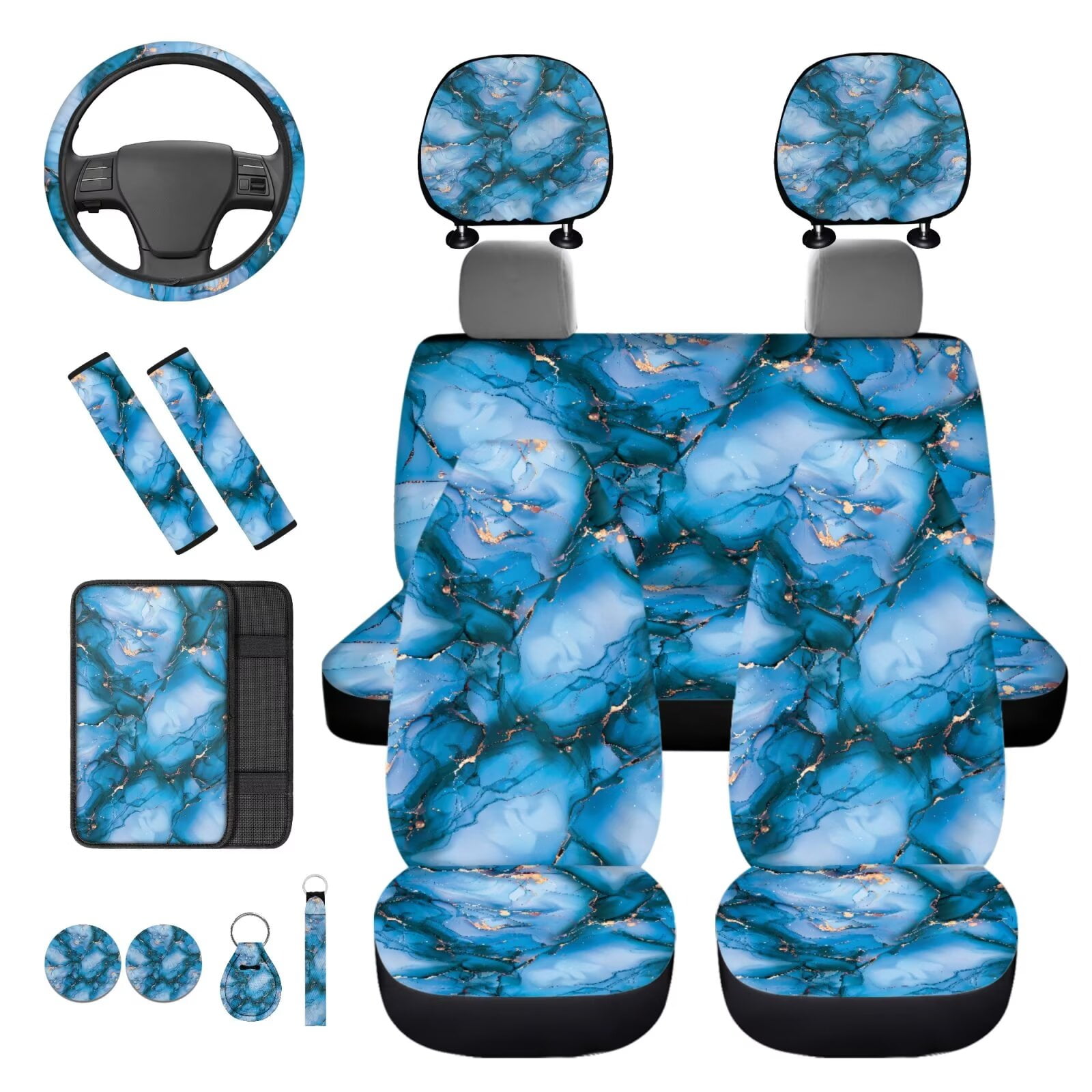 HUIACONG Blue Marble Print Car Seat Covers Full Set Front and Back with Steering Wheel Cover Seatbelt Covers Coasters Arm Rest Cover Headrest Cover Keychain 14 Pcs