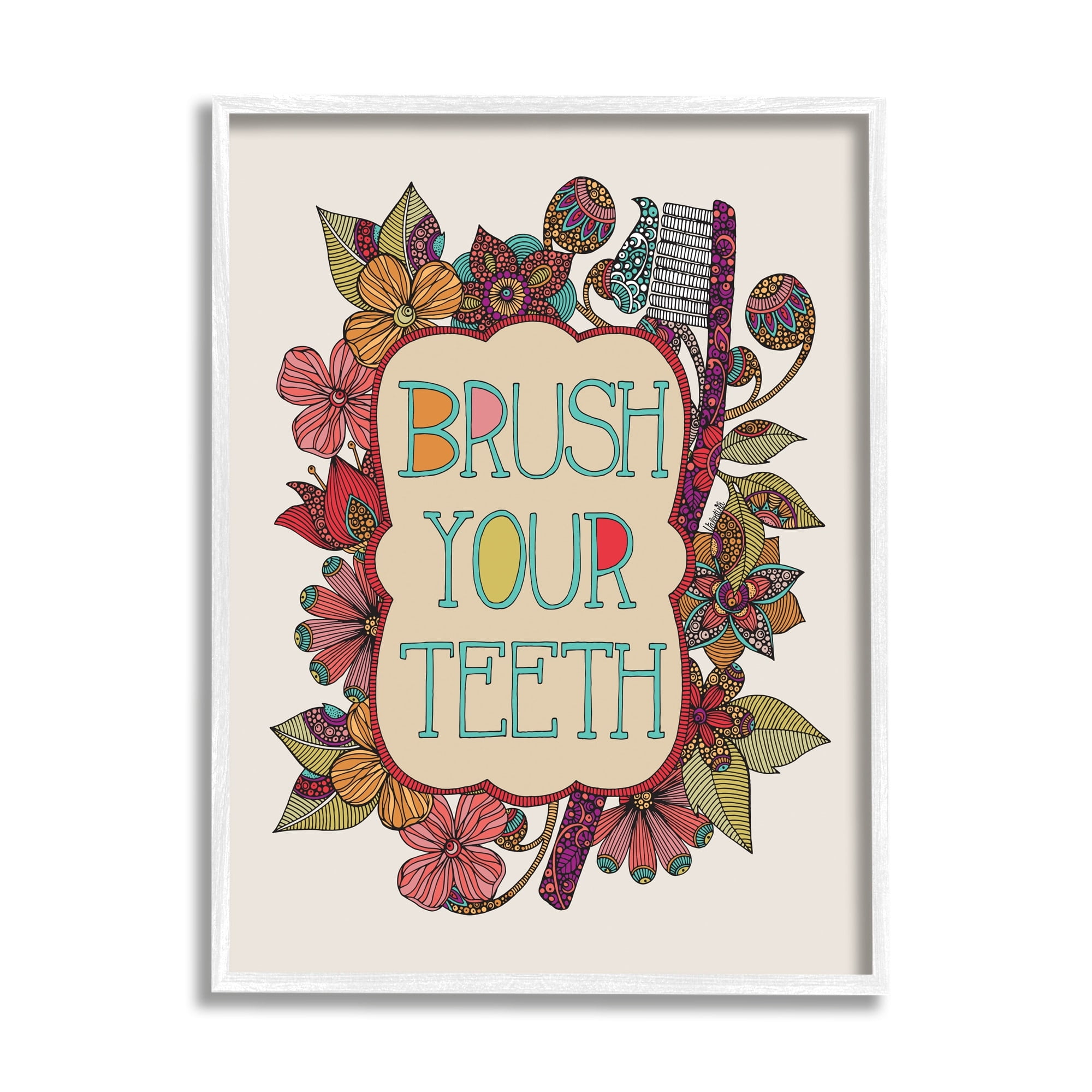 Stupell Industries Intricate Floral Shapes Brush Your Teeth Toothbrush Graphic Art White Framed Art Print Wall Art, Design by Valentina Harper
