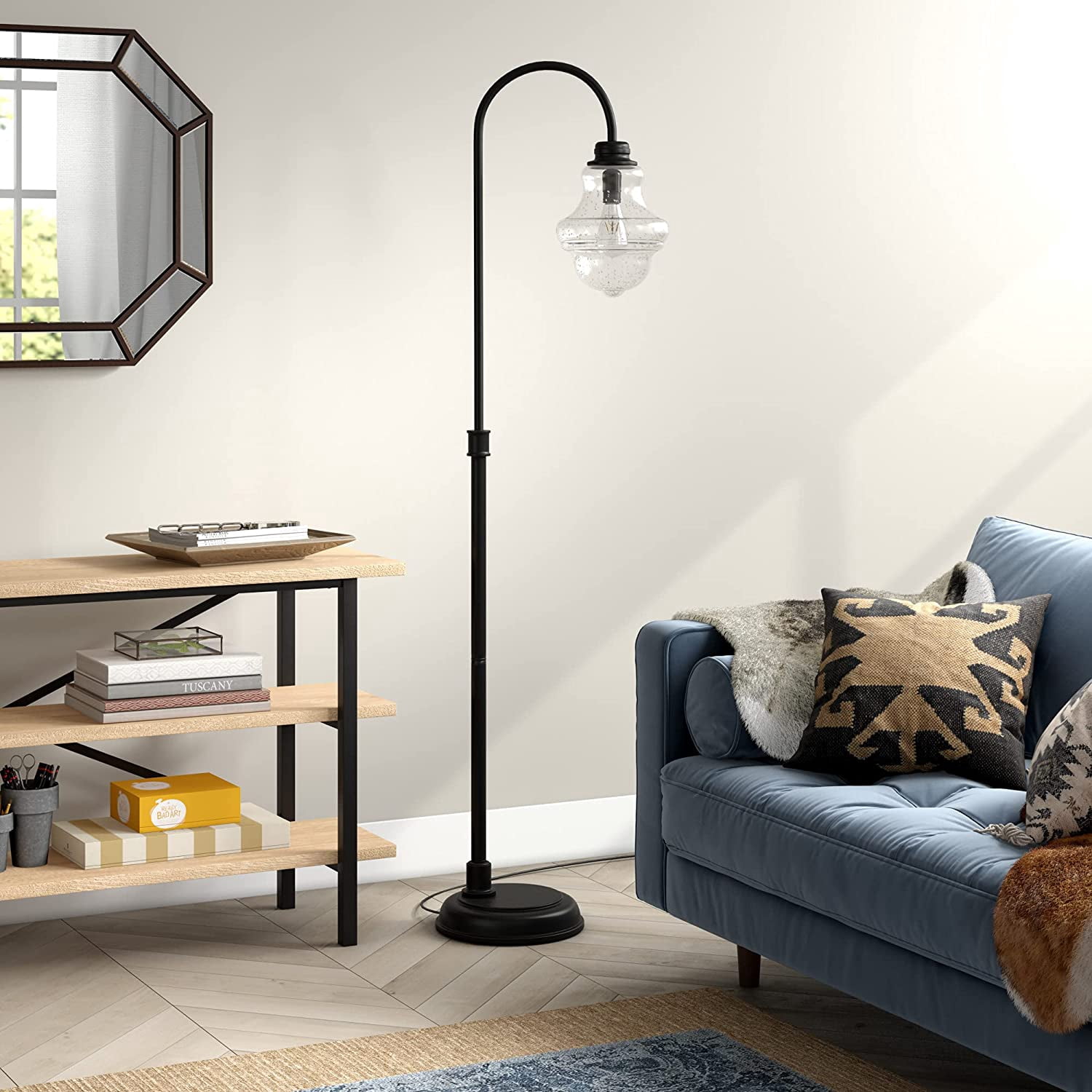 Evelyn&Zoe Sara 70" Tall Floor Lamp with Glass Shade, Blackened Bronze/Seeded