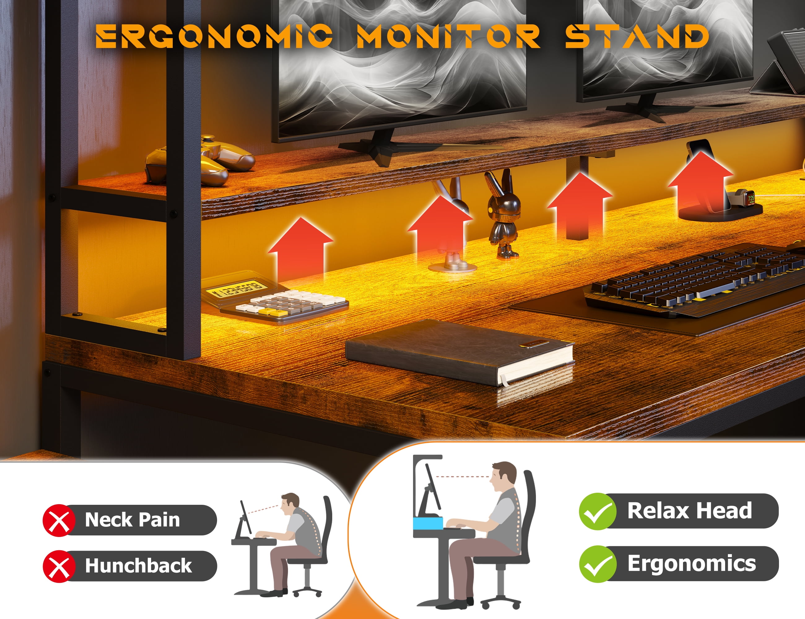 EnHomee 63" L Shaped Desk with Power Outlet & LED Lights Reversible Computer Desk for Home Office Rustic Brown