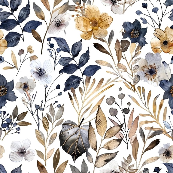 Floral Peel And Stick Wallpaper Navy Blue Gray Leaf Gold Self-Adhesive Removable Roll 17.71 in x 236.2 in for Bathroom Bedroom Walls