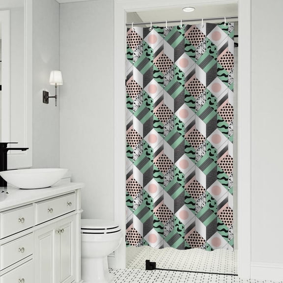 Green Pink Geometric Pattern Shower Curtain 36"x72" ,Bathroom Decorative Shower Curtains Set with 12 Hooks,Modern Waterproof Washable Shower Curtain