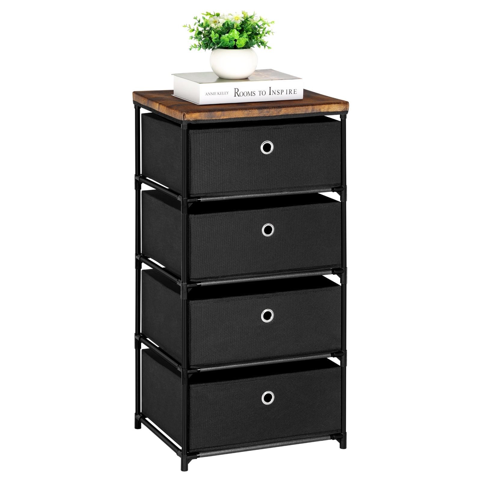 Tall Nightstand，4 Drawer Fabric Dresser with Wooden Table Top