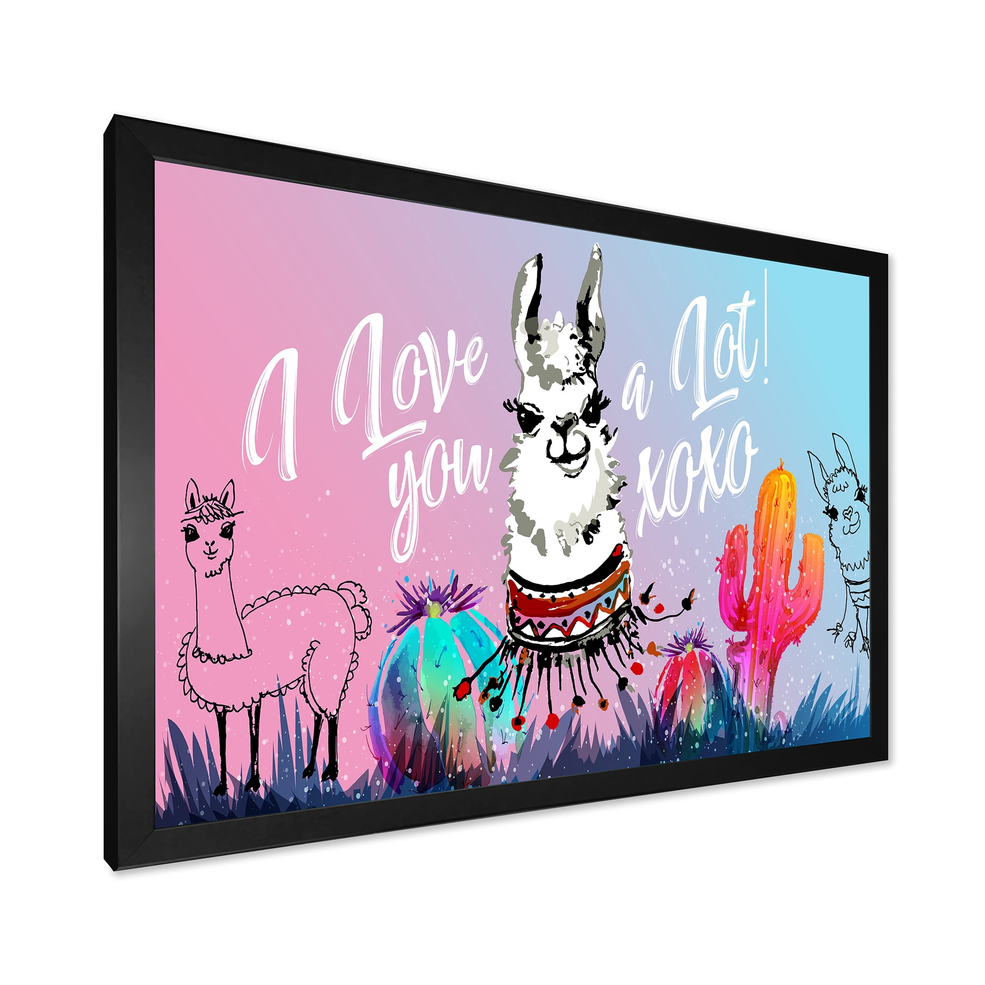 Designart 'I Love You A Lot Llama Alpaca Cartoon Portrait' Children's Art Framed Art Print