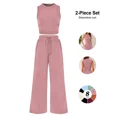 thumbnail image 4 of Womens Ribbed Knit Two Piece Lounge Set Sleeveless Crew Neck Crop Top and Wide Leg Pants Matching Outfit, 4 of 9
