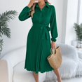 thumbnail image 3 of Women's Dress Long Sleeve Lapel Collar Solid Color Waist Defining Pleated Skirt Midi Dress for Spring Fall,Green,L, 3 of 8