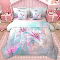Castle Fairy Floral Lily Bedding Comforter Set 7 Pieces for Children Teens Adults,Abstract Gradient Flower Full Bedding Set Lightweight,Spring Garden Fitted Sheet Flat Sheet,Microfiber Bedroom Decor
