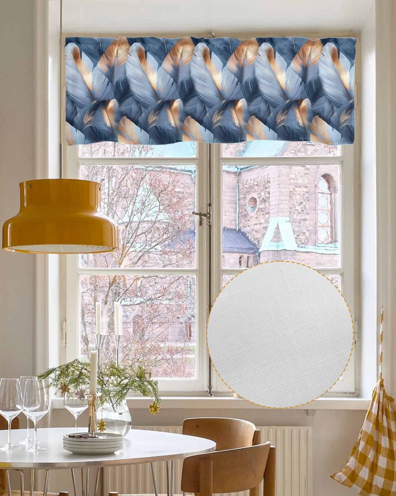 Navy Blue Ombre Feather Kitchen Valances for Windows Farmhouse Linen Window Valance Curtain for Living Room Window Treatment Modern Art Leaves Valance Rod Pocket Topper Drape, 42 x 18 Inch