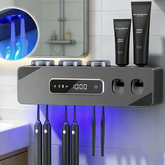 ASKITO Toothbrush Holders for Bathrooms, Automatic Toothpaste Dispenser with 3 Cups and 6 Toothbrush Slots, UV Sanitizer, Space Saving Wall Mounted Toothbrush and Toothpaste Holder, Black