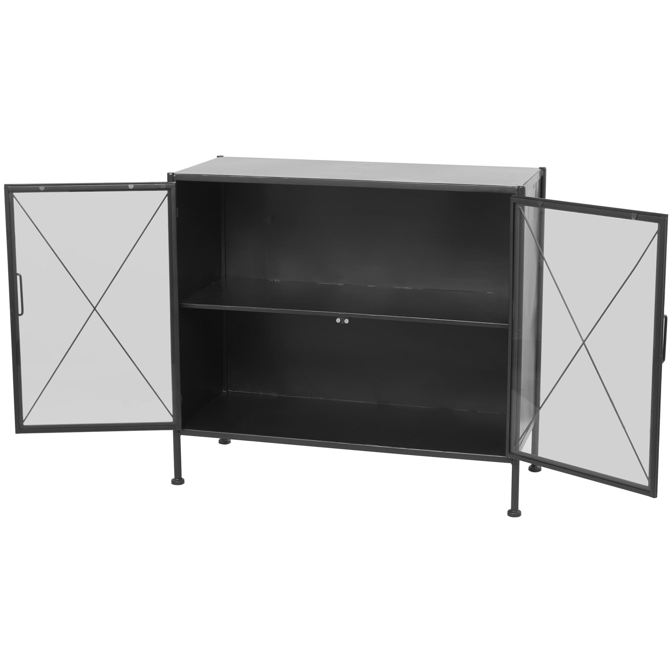 DecMode 33" x 29" Black Metal 2 Door Geometric Cabinet with Glass Front Panels, 1-Piece