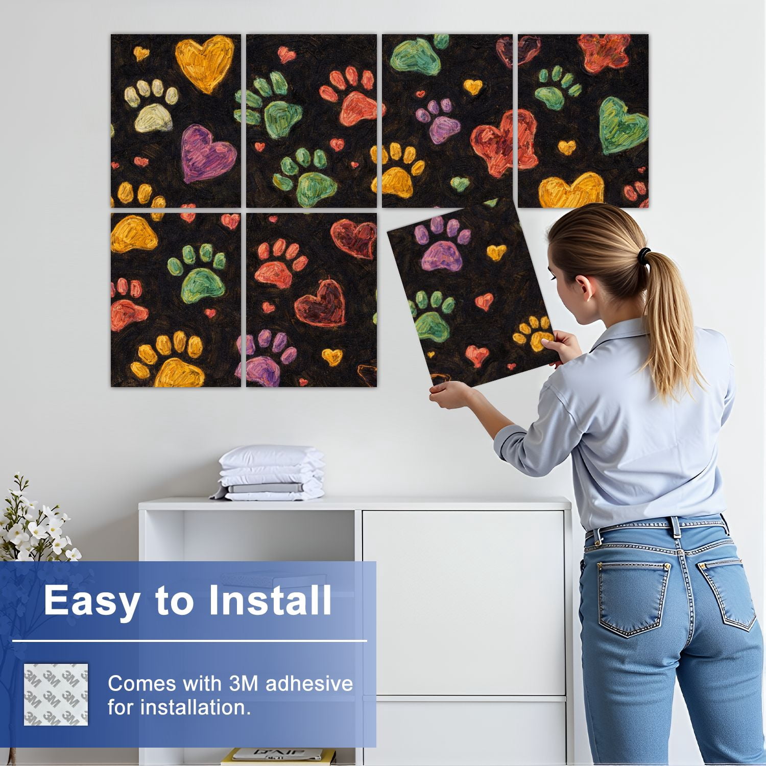 Rustic Farmhouse 8 Pack Art Acoustic Panels Sound Absorbing Colorful doodle paw fabric black Decorative Soundproof Wall Panels Self Adhesive for Nursery Game Room Bedroom 48"x32"