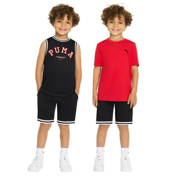 PUMA Boys’ 3-Piece Active Set (Tank Top, Shorts & T-Shirt) Red,2T