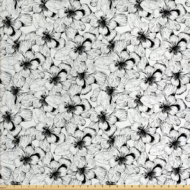 Flower Fabric by the Yard, Sketchy Drawn Continuous Pattern of Hibiscuses in Monochrome Design, Decorative Upholstery Fabric for Chairs & Home Accents, Charcoal Grey and White by Ambesonne