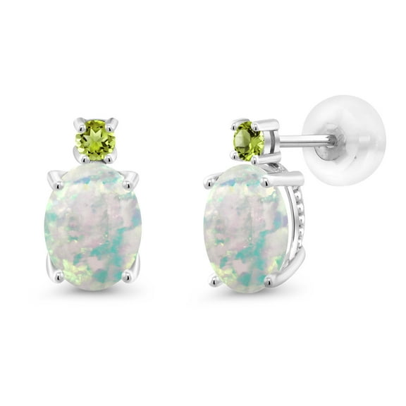 Gem Stone King 14k White Gold Simulated White Opal and Green Peridot Earrings for Women (2.24Cttw, GemstoneOctober Birthstone, Oval Cabochon 8X6MM, Round 2.5MM)